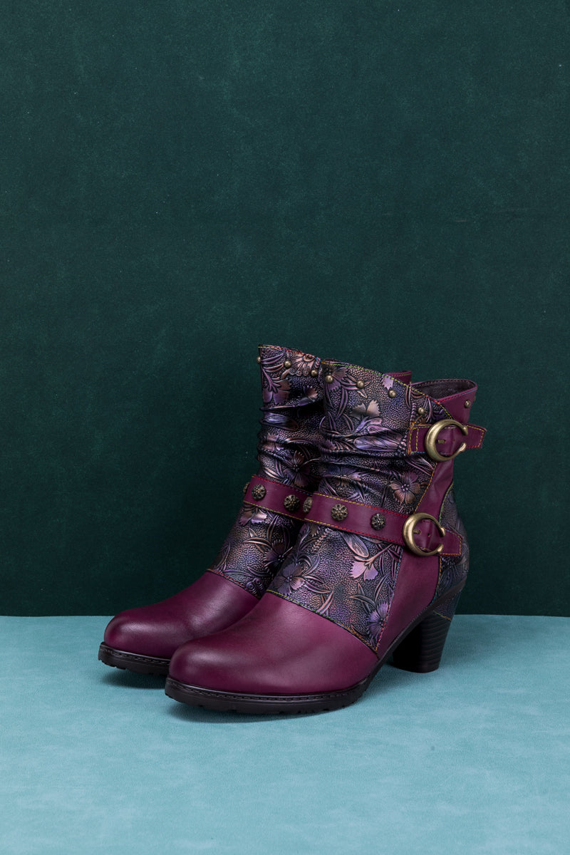 Vicconfy | FLORAL EMBOSSED BUCKLE UP LEATHER BOOTIE - VIOLET