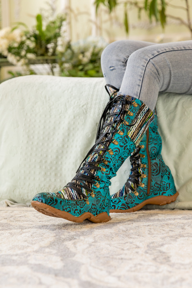 Vicconfy | ROSE EMBOSSED TEAL LEATHER TIE-ACCENT BOOT
