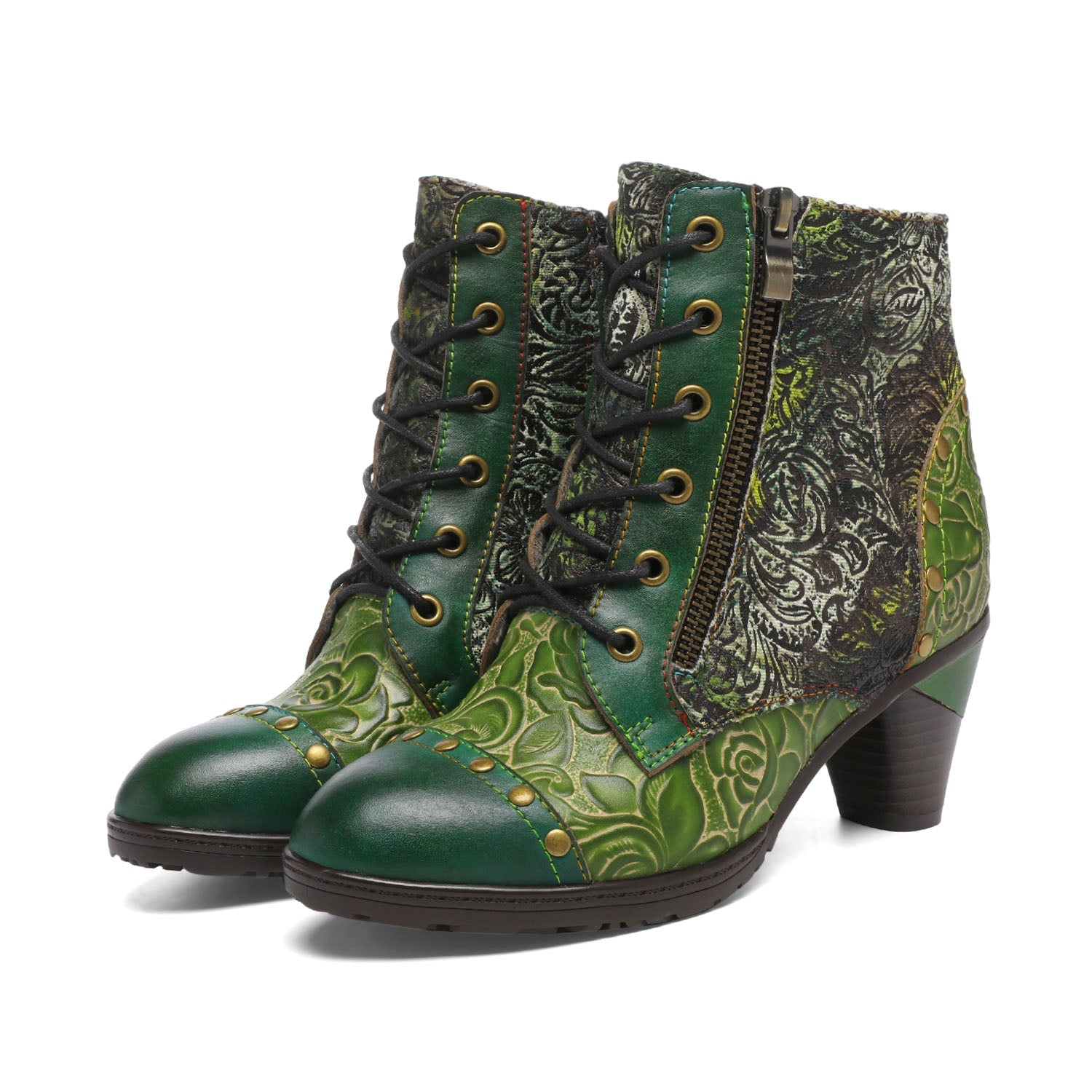 Vicconfy Retro Handmade Leather Patchwork Ankle Boots
