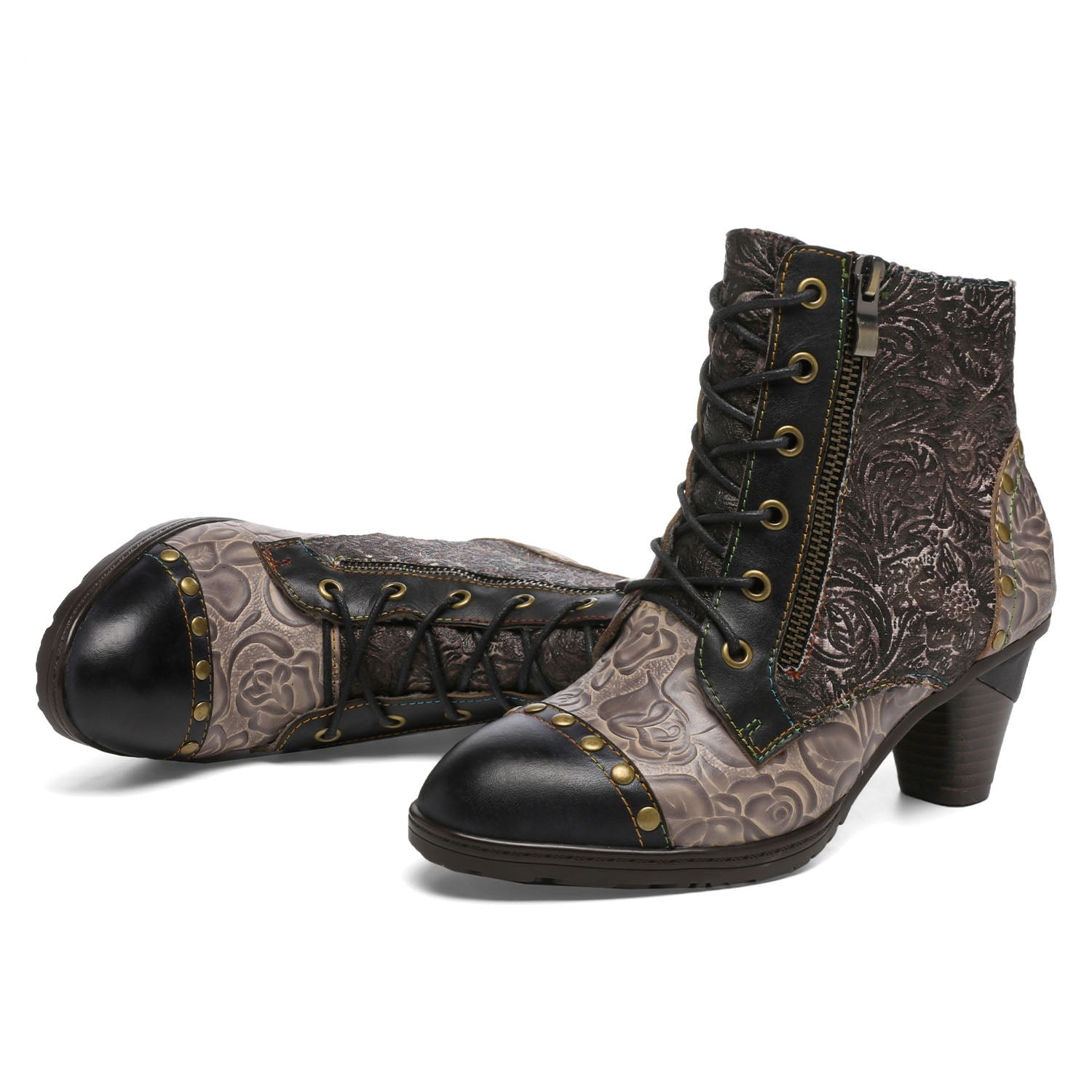 Vicconfy Retro Handmade Leather Patchwork Ankle Boots