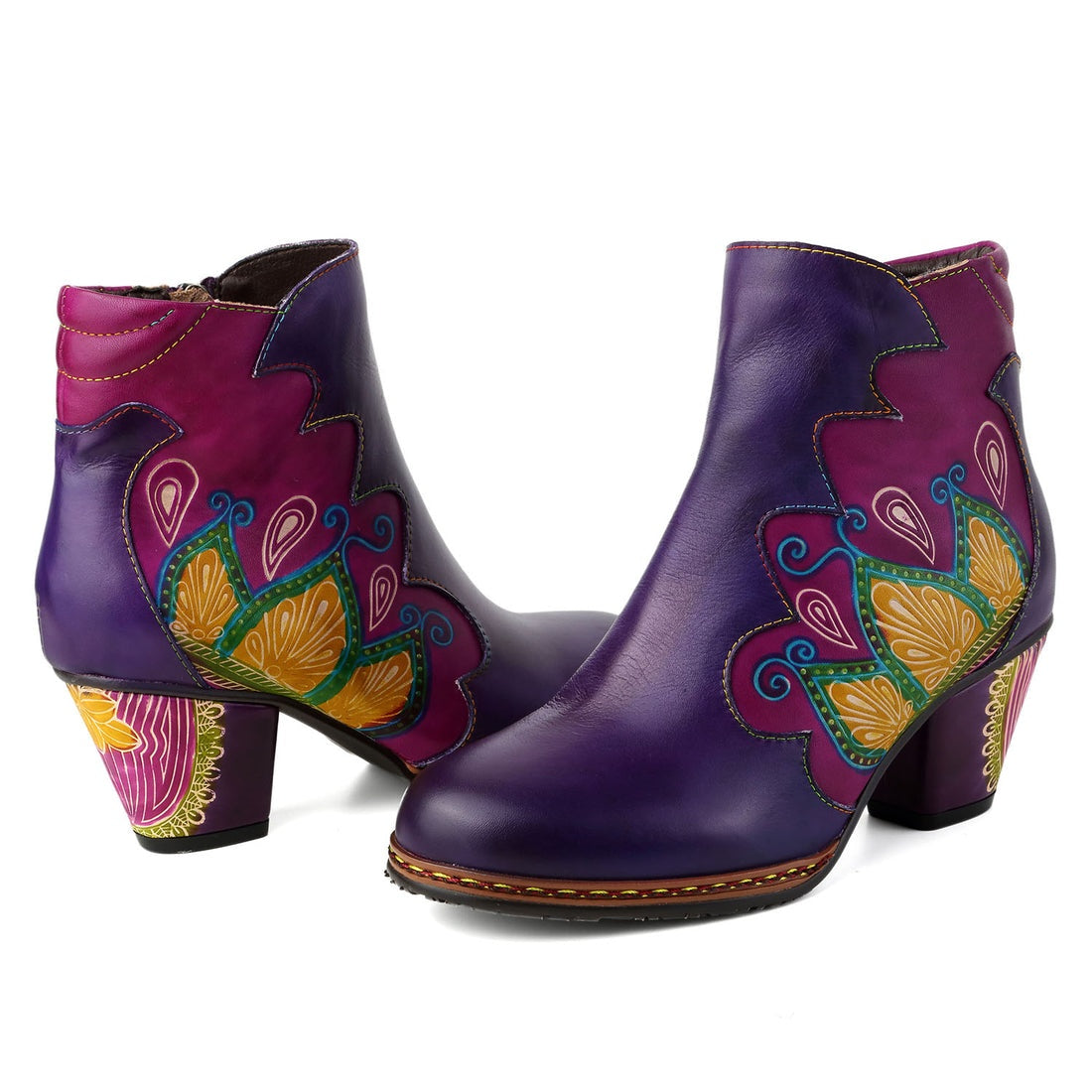 Vicconfy Retro Pattern Leather Zipper Ankle Boots