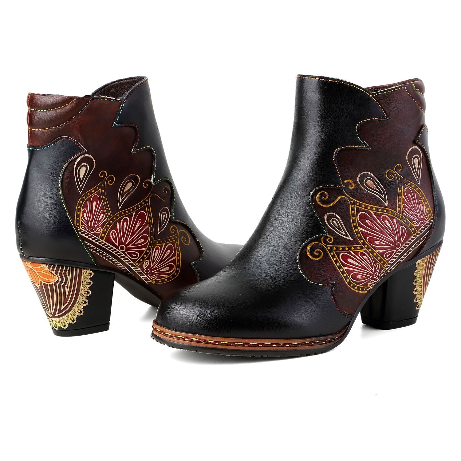 Vicconfy Retro Pattern Leather Zipper Ankle Boots