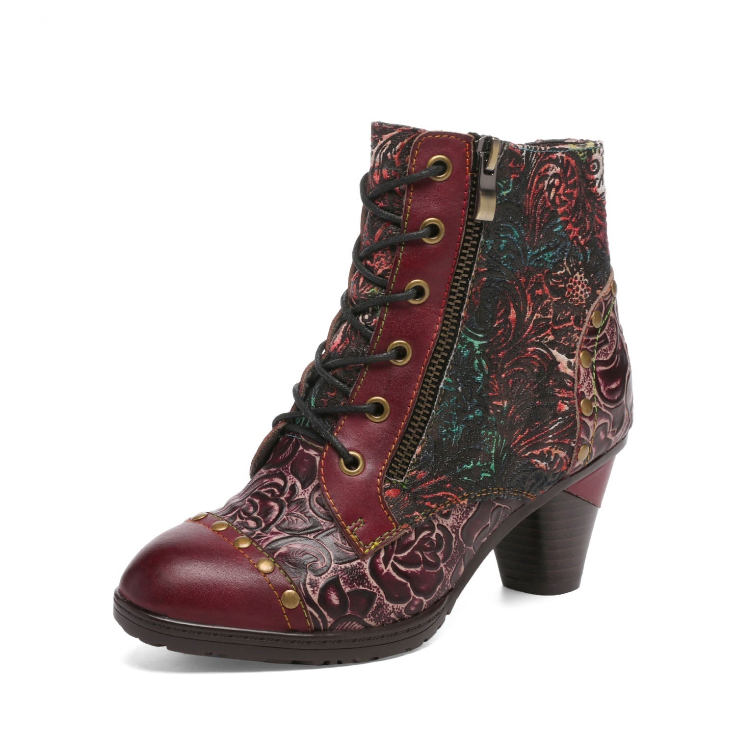 Vicconfy Retro Handmade Leather Patchwork Ankle Boots