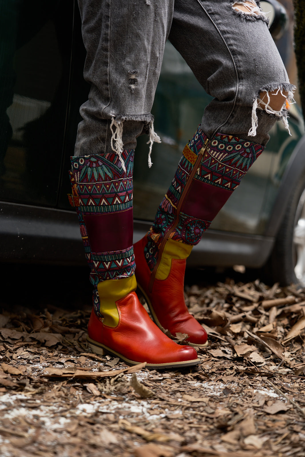Vicconfy | Cozy Up Abstract Embroidered Leather Knee-High Boots
