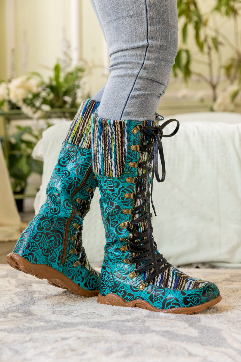 Vicconfy | ROSE EMBOSSED TEAL LEATHER TIE-ACCENT BOOT