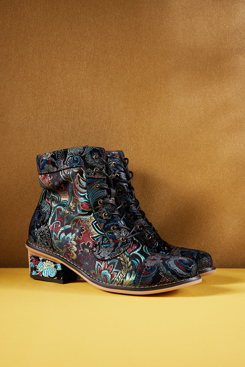 Vicconfy | Frances Floral Leather Block Heel Ankle Boots