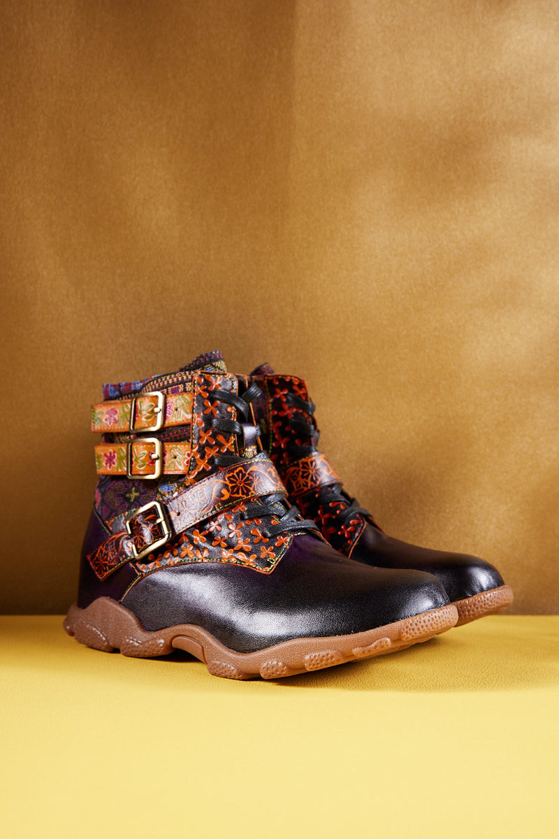 Vicconfy | Nichols Floral Embossed Leather Combat Boots