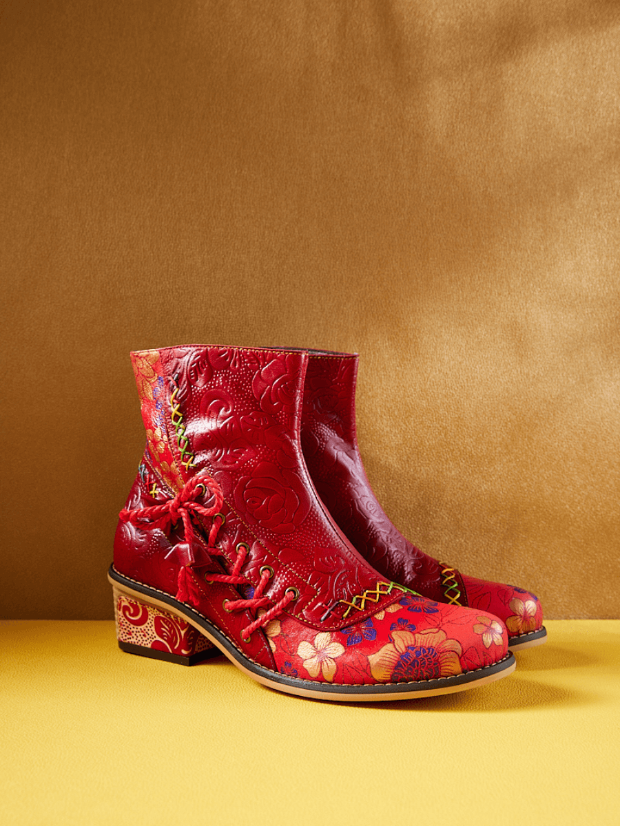 Vicconfy | Naomie Rose Embossed Floral Leather Combat Boots