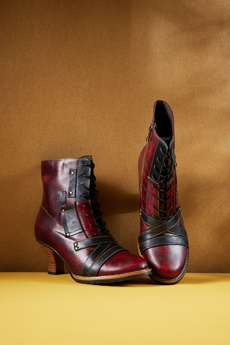 Vicconfy | Felicia Patchwork Leather Kitten Heel Ankle Boots