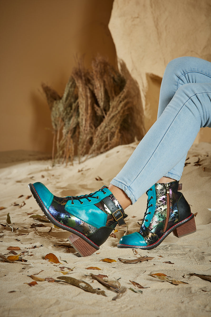 Vicconfy | Macie Glam Floral Leather Ankle Boots