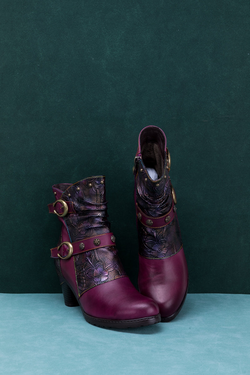 Vicconfy | FLORAL EMBOSSED BUCKLE UP LEATHER BOOTIE - VIOLET