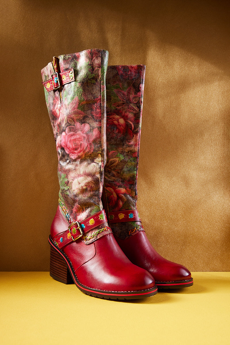 Vicconfy | Maude Floral Wide Calf Leather Knee High Boots