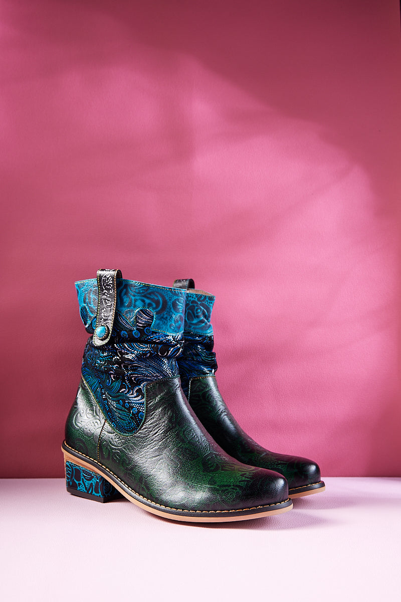 Vicconfy | Zandra Floral Embossed Leather Ankle Boots