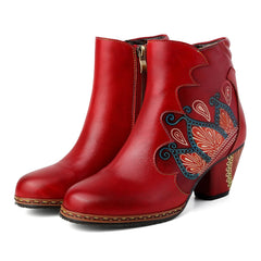 Vicconfy Retro Pattern Leather Zipper Ankle Boots