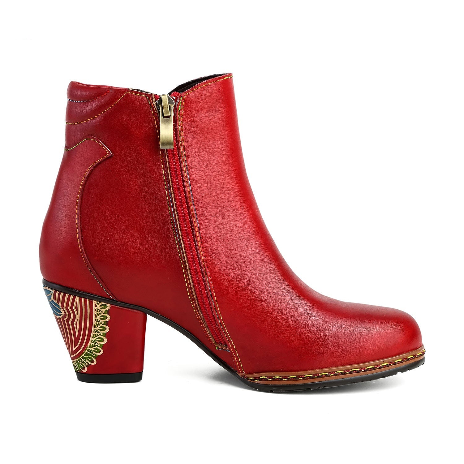Vicconfy Retro Pattern Leather Zipper Ankle Boots