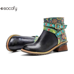 Vicconfy Belt Buckle ZIP Genuine leather Flower Splicing British Style Ankle Boots