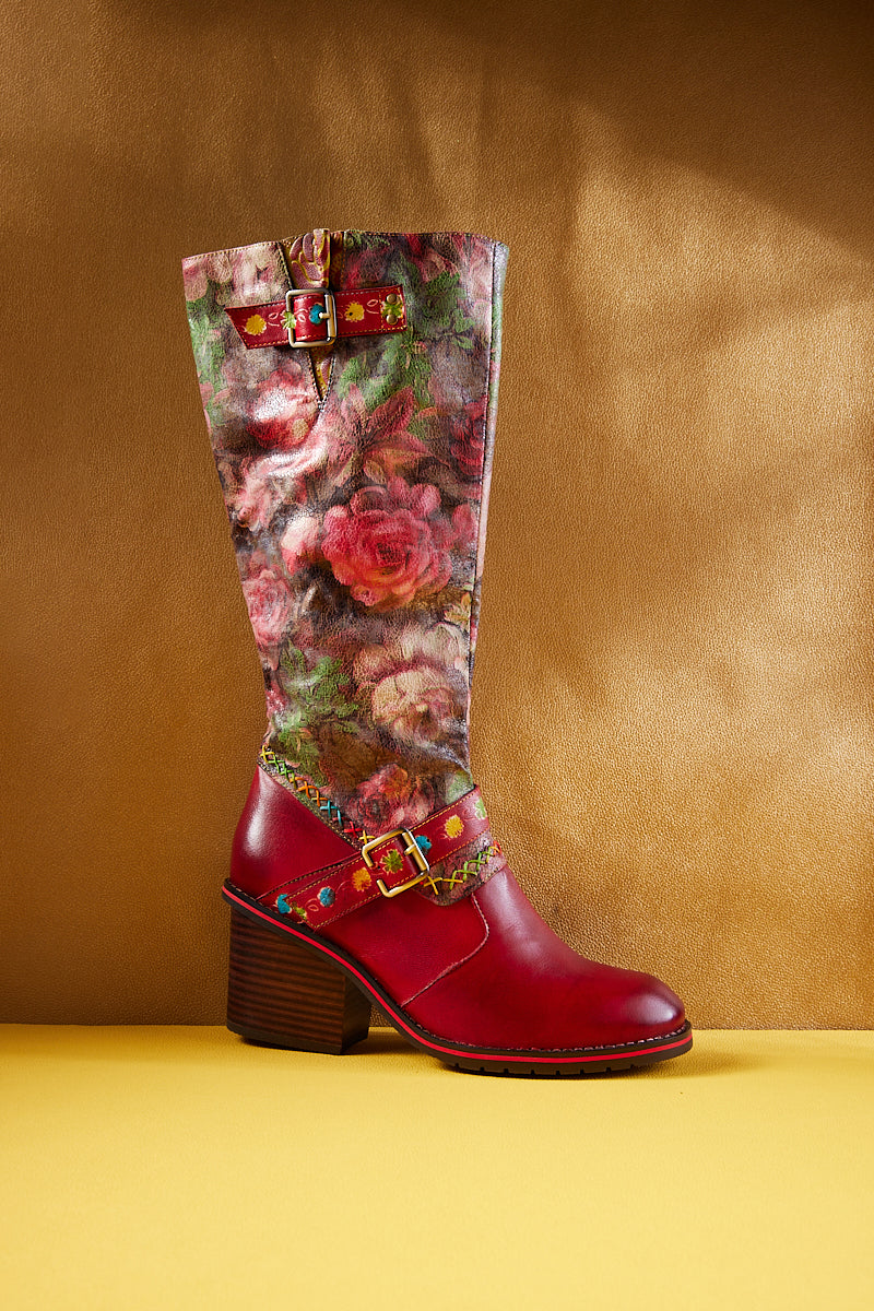 Vicconfy | Maude Floral Wide Calf Leather Knee High Boots