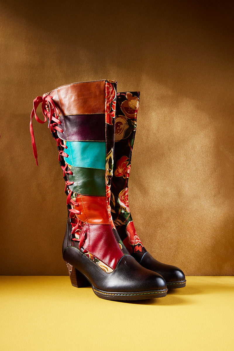Vicconfy | Delora Floral Contrast Stripe Wide Calf Leather Knee High Boots