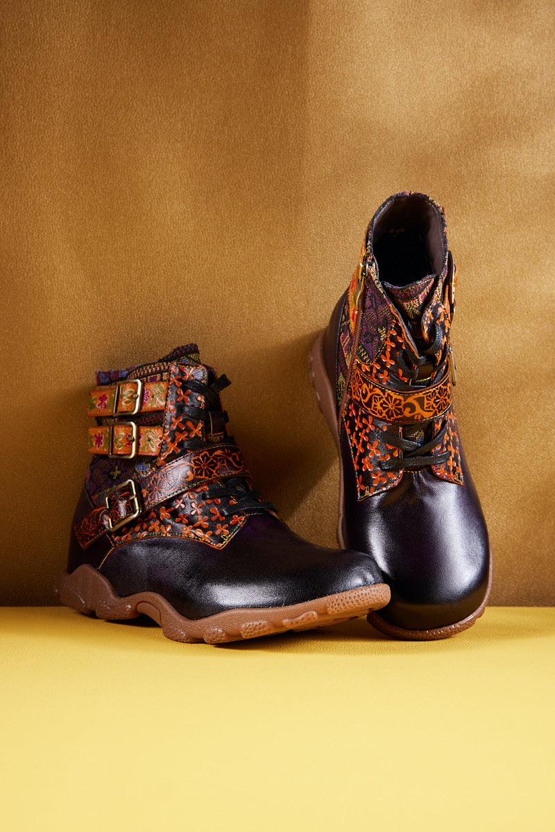Vicconfy | Nichols Floral Embossed Leather Combat Boots