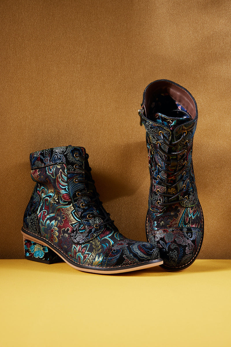 Vicconfy | Frances Floral Leather Block Heel Ankle Boots