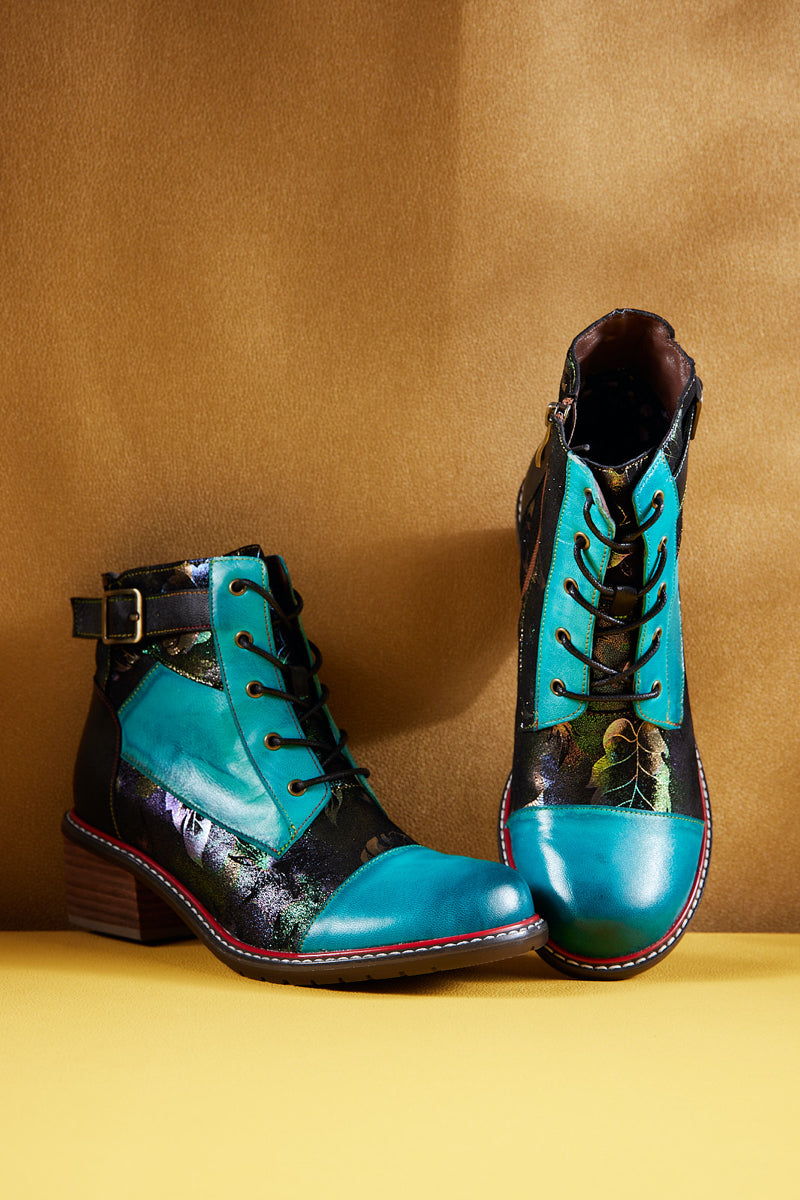 Vicconfy | Macie Glam Floral Leather Ankle Boots