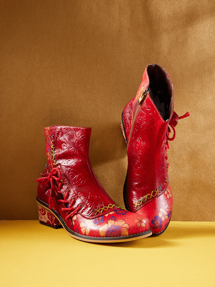 Vicconfy | Naomie Rose Embossed Floral Leather Combat Boots