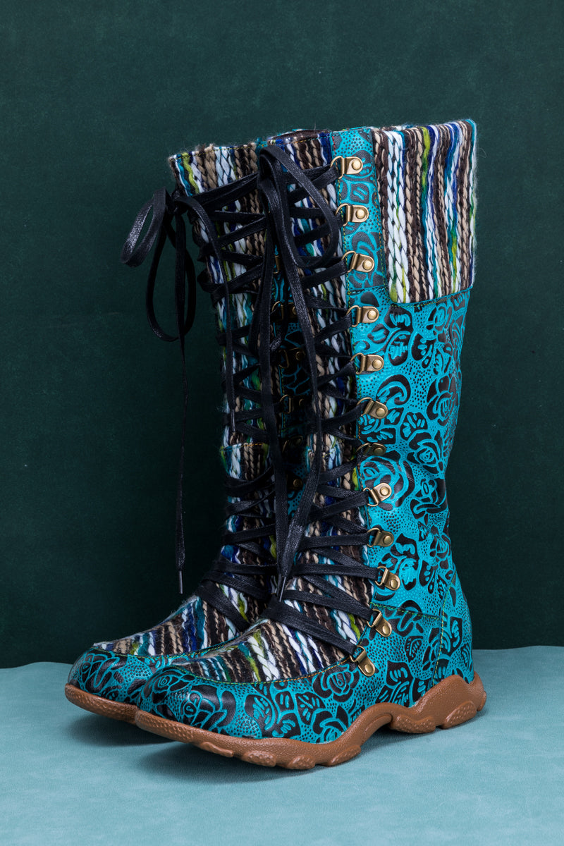 Vicconfy | ROSE EMBOSSED TEAL LEATHER TIE-ACCENT BOOT
