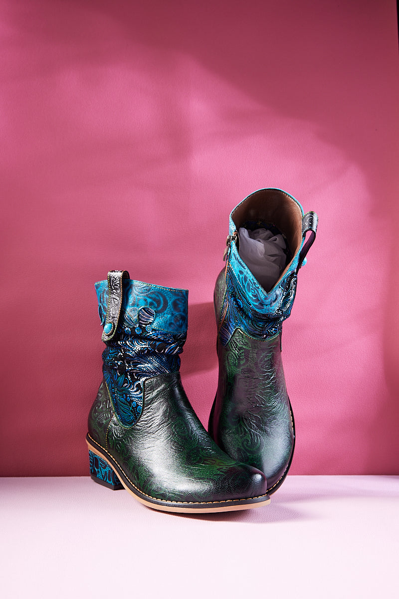 Vicconfy | Zandra Floral Embossed Leather Ankle Boots