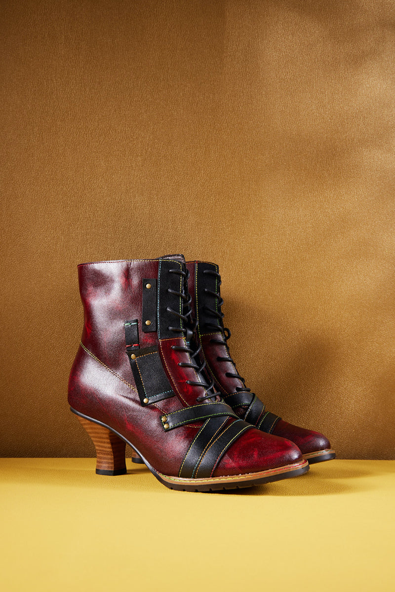 Vicconfy | Felicia Patchwork Leather Kitten Heel Ankle Boots