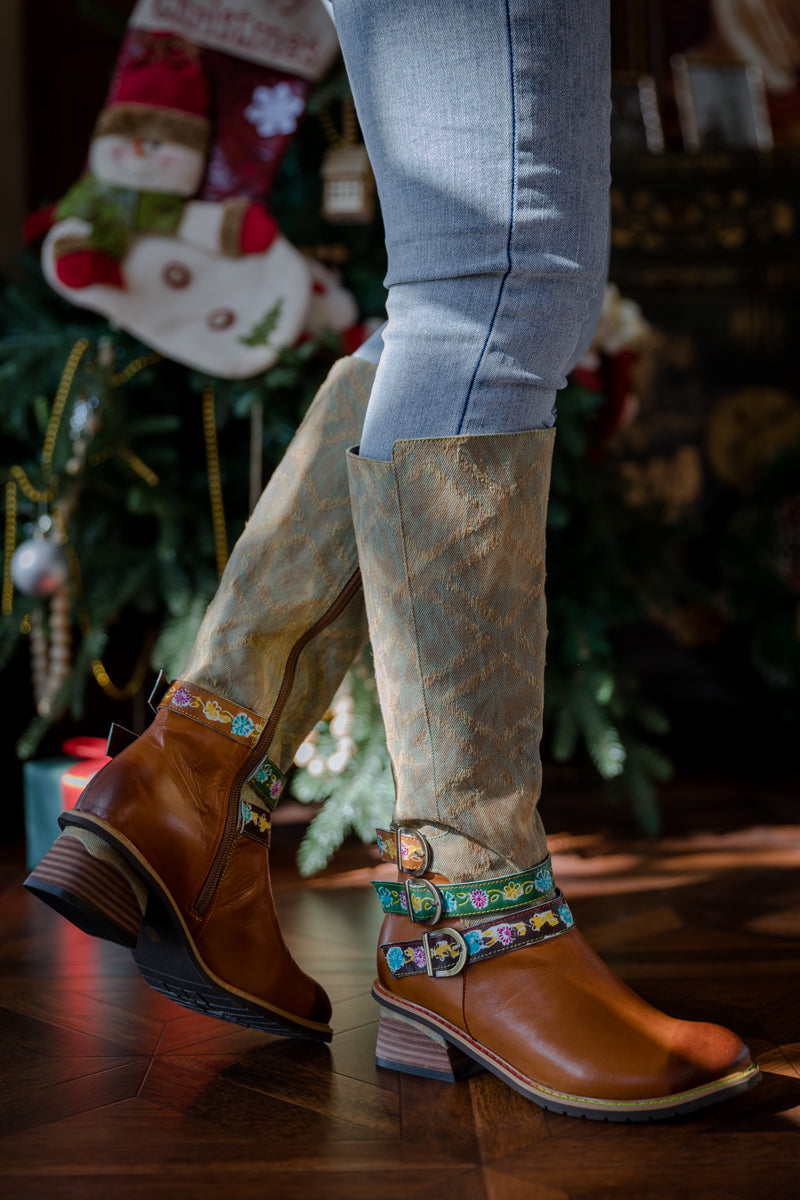 Vicconfy | TRI-STRAP CANVAS LEATHER KNEE HIGH BOOT