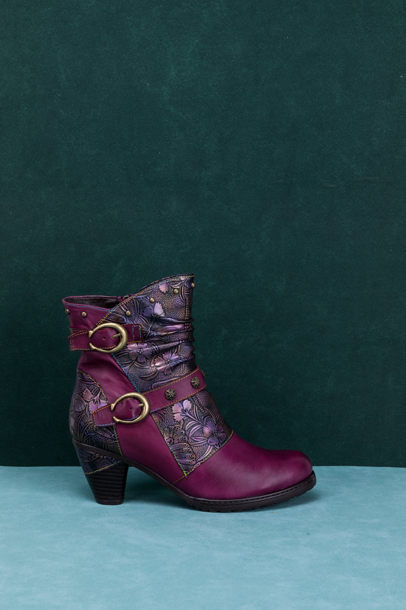 Vicconfy | FLORAL EMBOSSED BUCKLE UP LEATHER BOOTIE - VIOLET