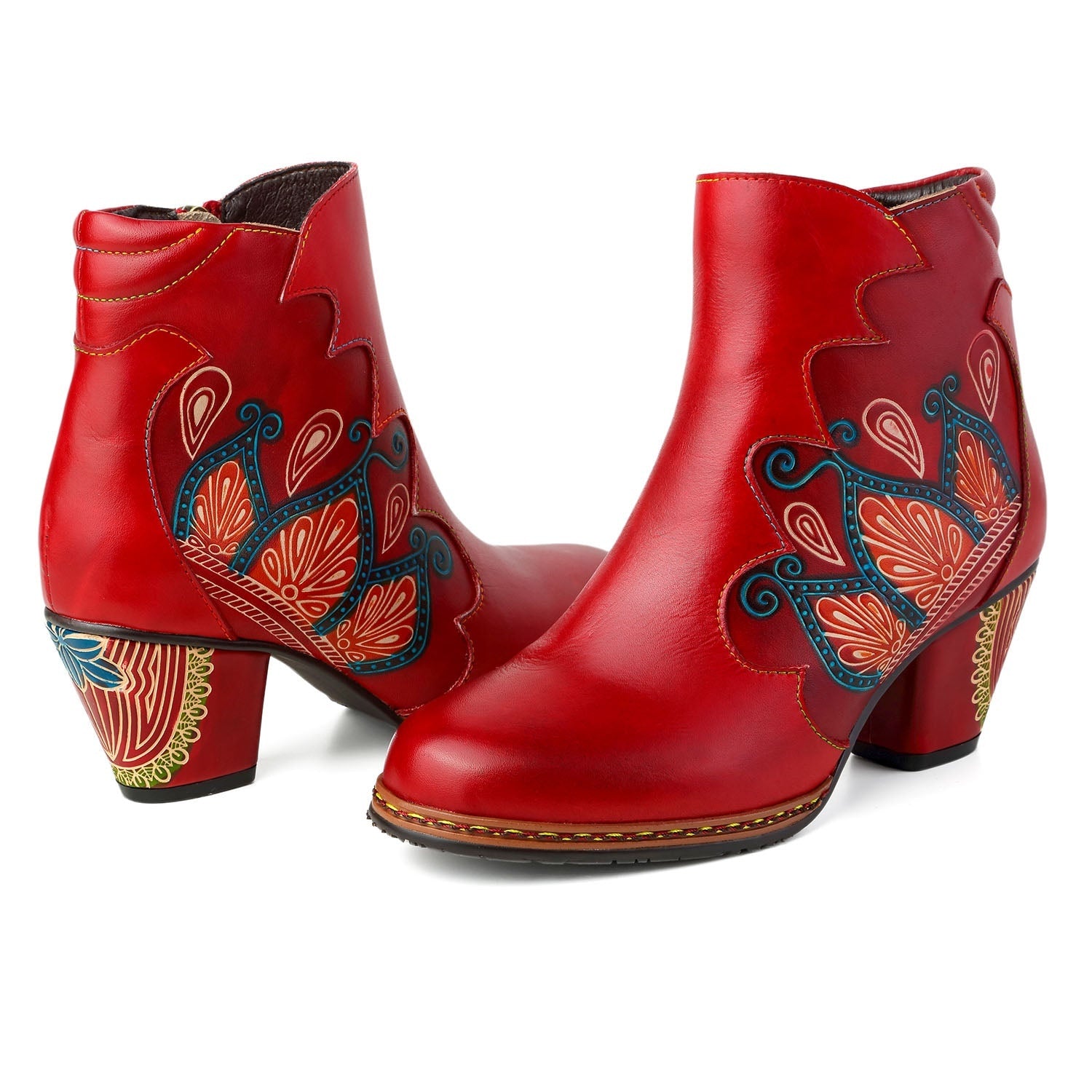 Vicconfy Retro Pattern Leather Zipper Ankle Boots