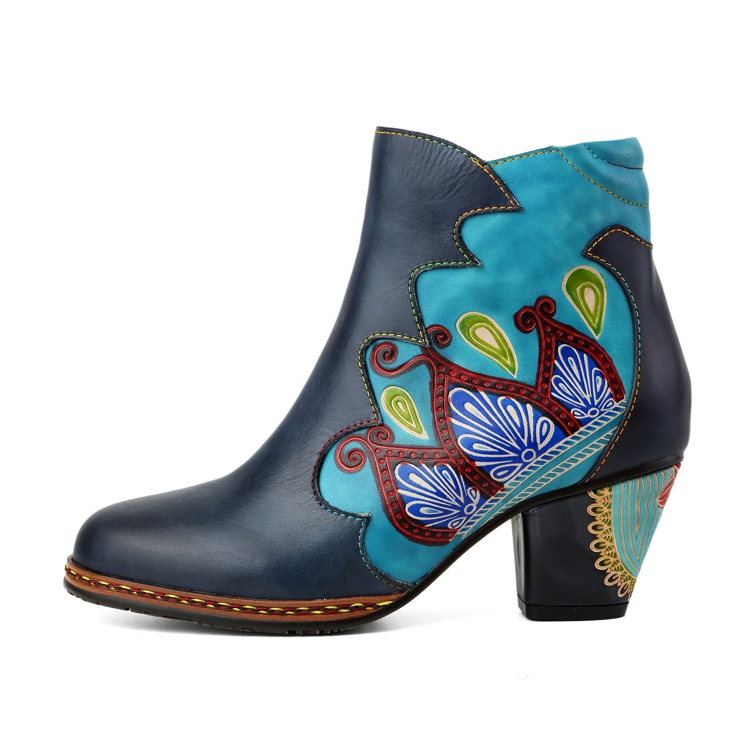 Vicconfy Retro Pattern Leather Zipper Ankle Boots