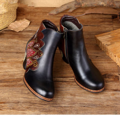 Vicconfy Retro Pattern Leather Zipper Ankle Boots