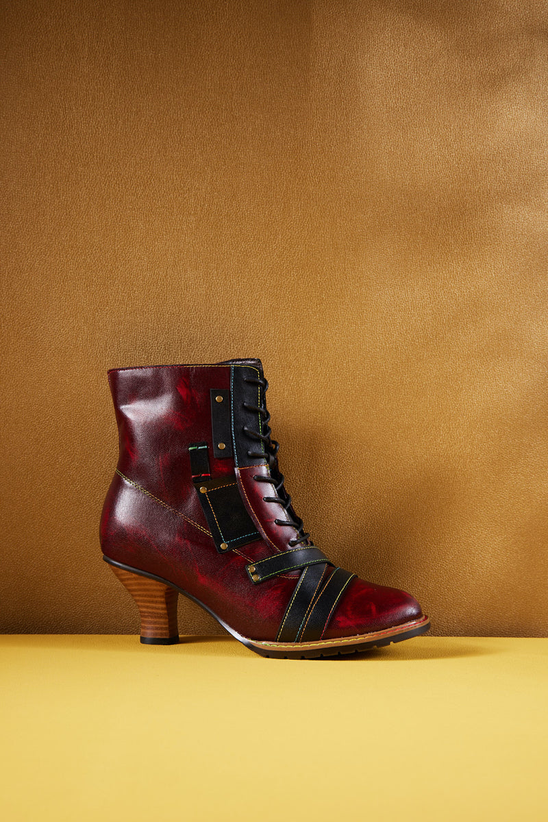 Vicconfy | Felicia Patchwork Leather Kitten Heel Ankle Boots