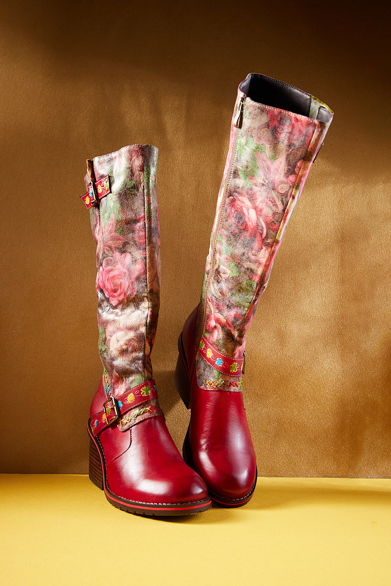 Vicconfy | Maude Floral Wide Calf Leather Knee High Boots