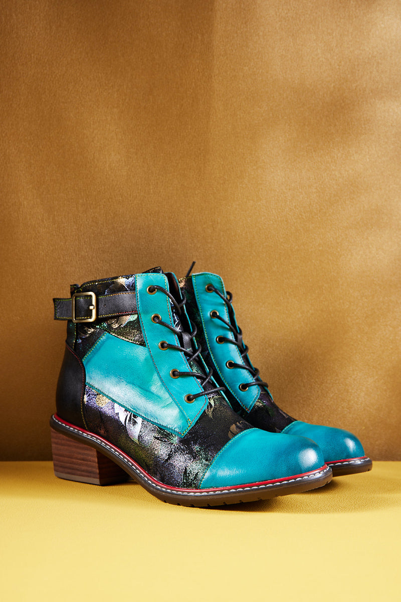 Vicconfy | Macie Glam Floral Leather Ankle Boots