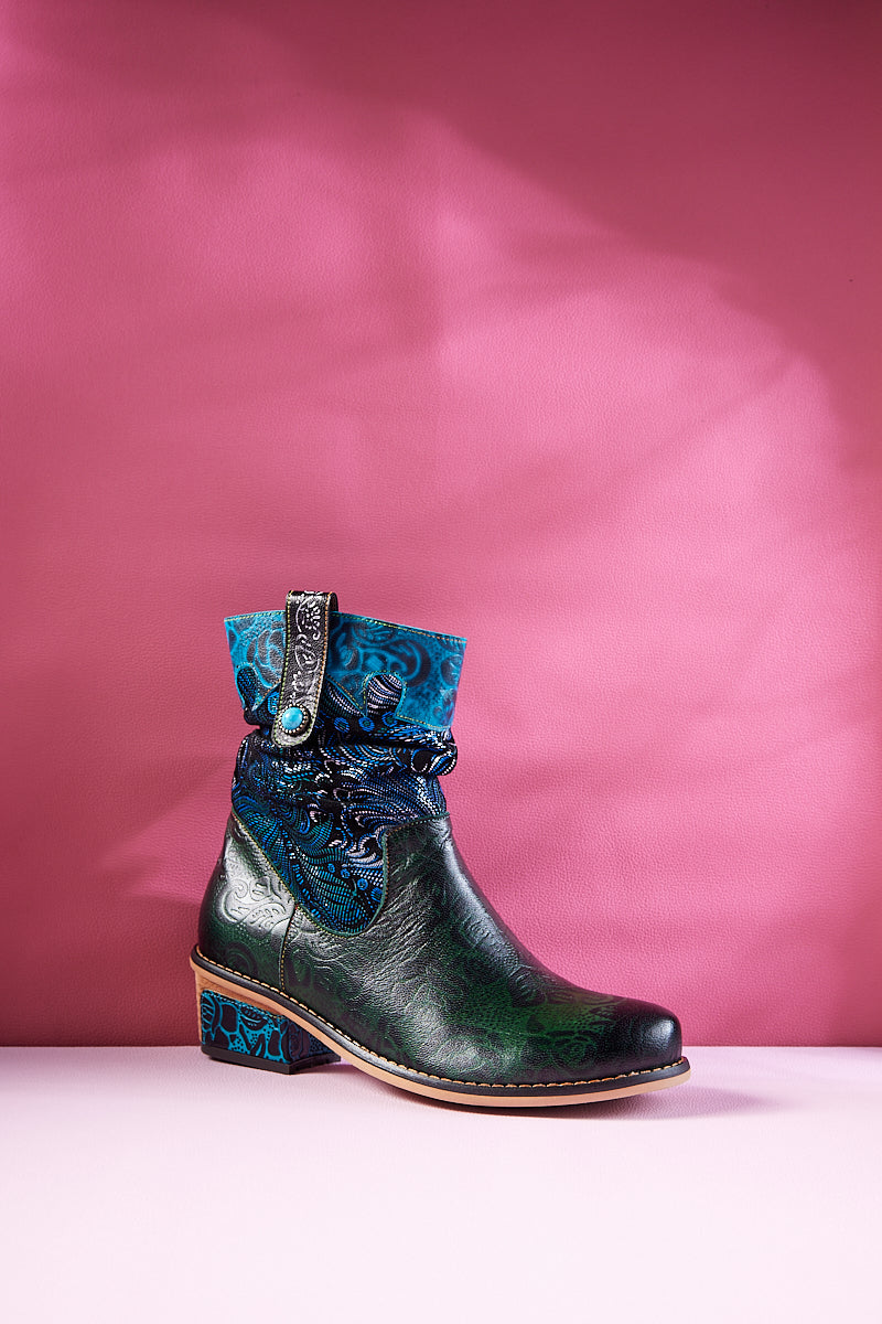 Vicconfy | Zandra Floral Embossed Leather Ankle Boots