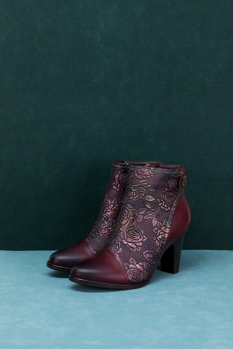 Vicconfy | FLORAL EMBOSSED METALLIC LEATHER ANKLE BOOT - CLARET