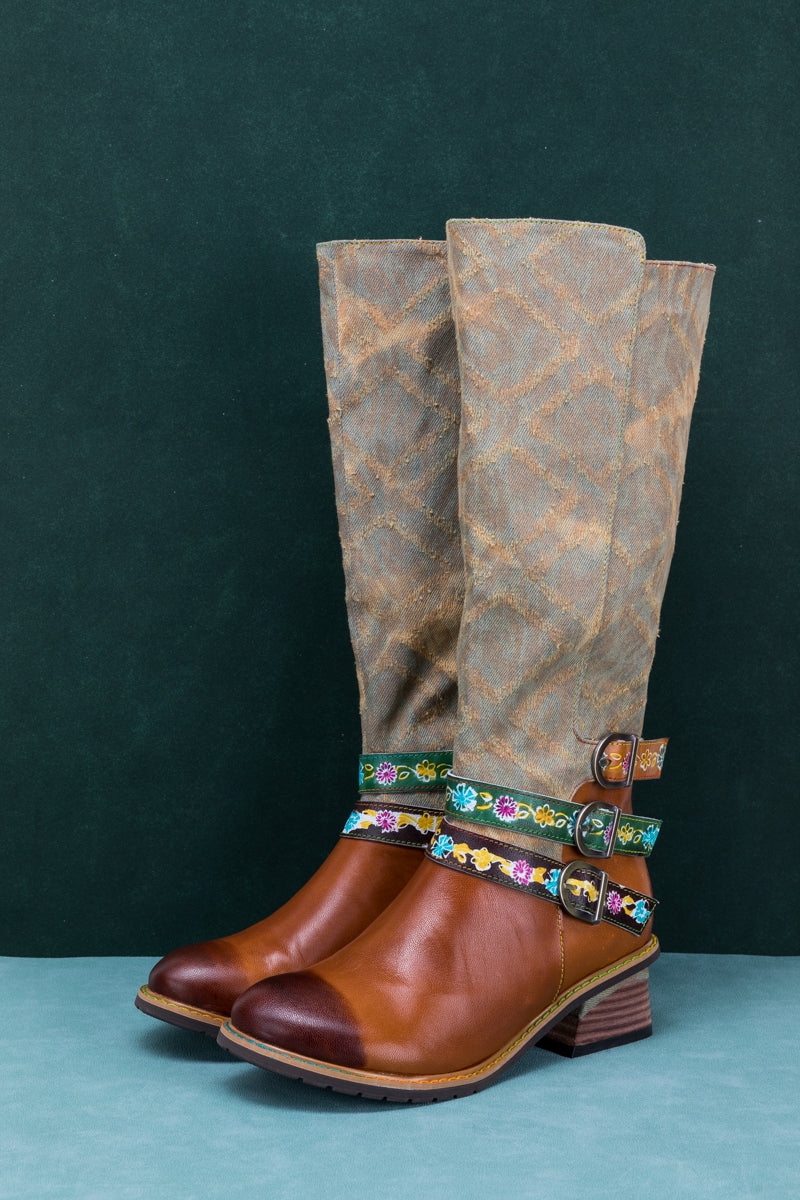 Vicconfy | TRI-STRAP CANVAS LEATHER KNEE HIGH BOOT
