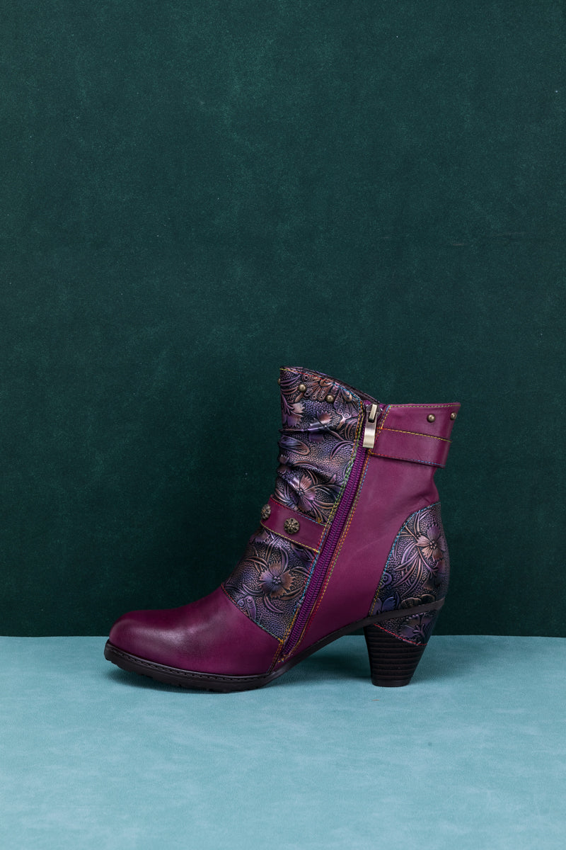 Vicconfy | FLORAL EMBOSSED BUCKLE UP LEATHER BOOTIE - VIOLET