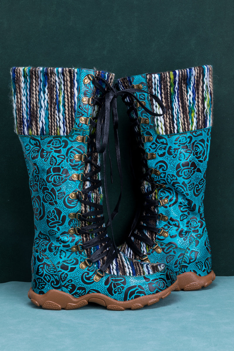 Vicconfy | ROSE EMBOSSED TEAL LEATHER TIE-ACCENT BOOT