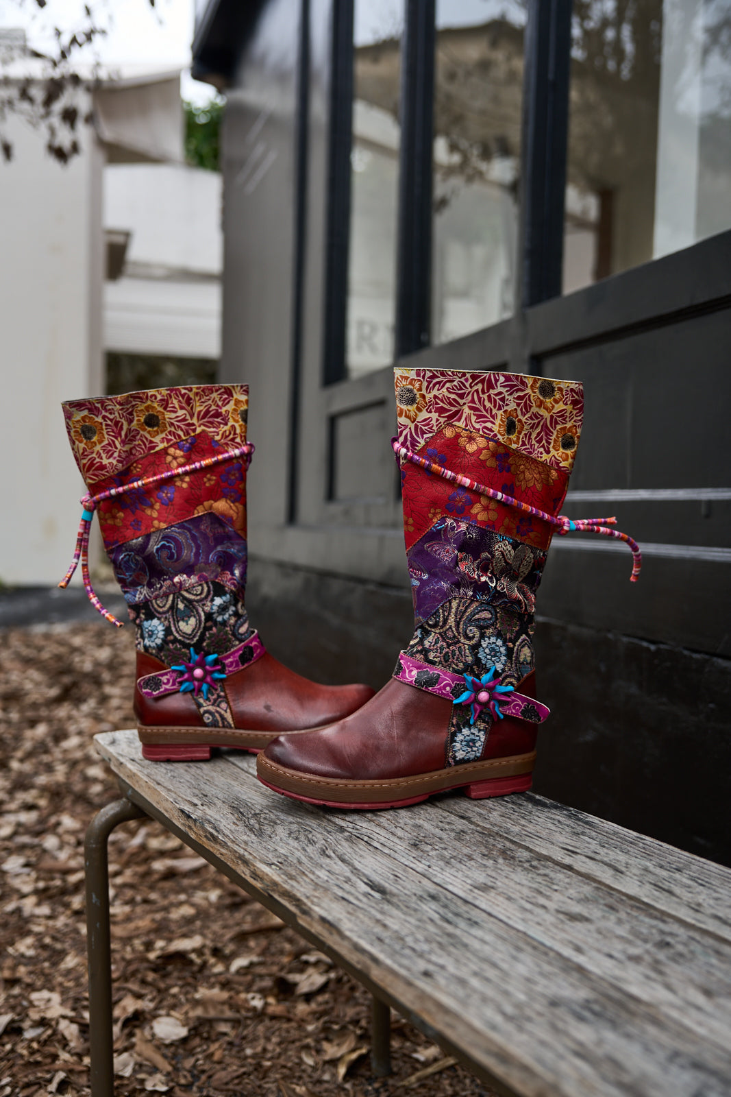 Vicconfy | Daylen Floral Embroidery Leather Knee-High Boots