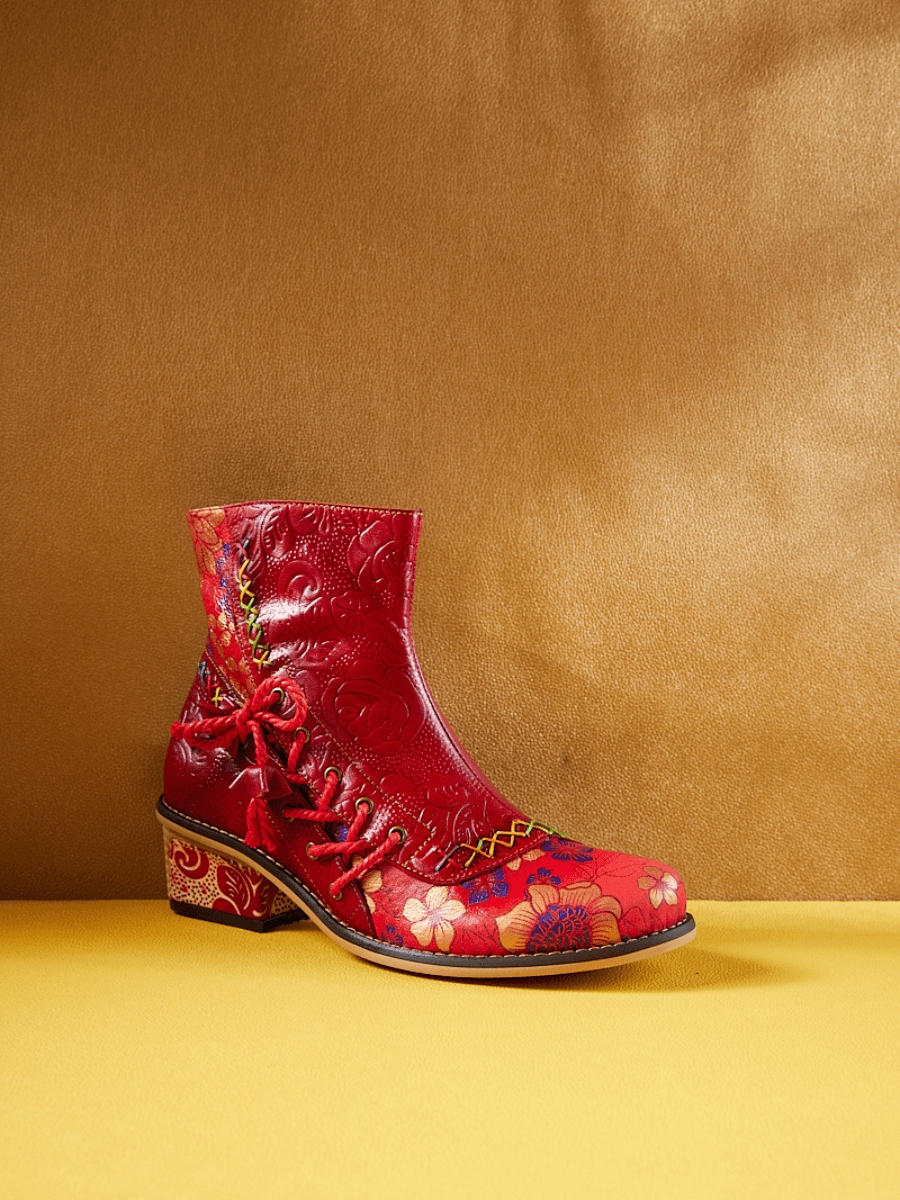 Vicconfy | Naomie Rose Embossed Floral Leather Combat Boots