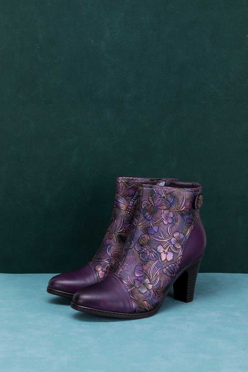 Vicconfy | FLORAL EMBOSSED METALLIC LEATHER ANKLE BOOT - PURPLE