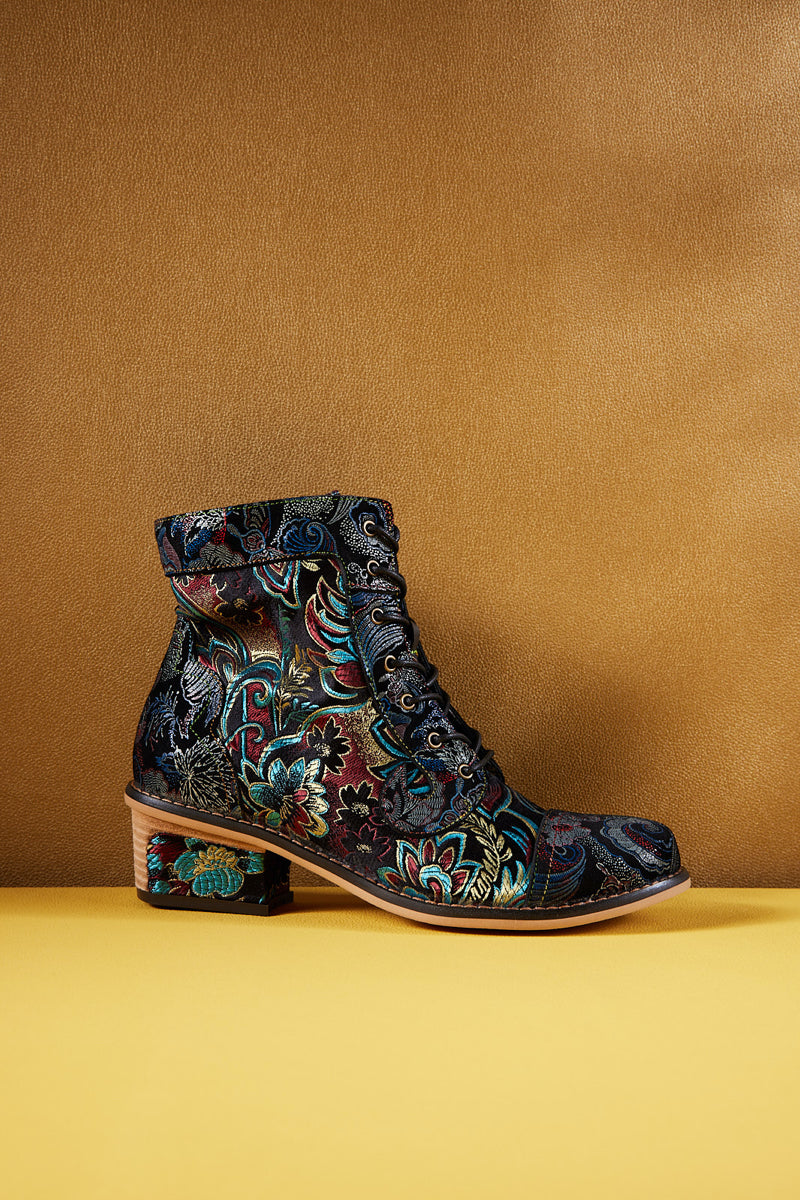 Vicconfy | Frances Floral Leather Block Heel Ankle Boots