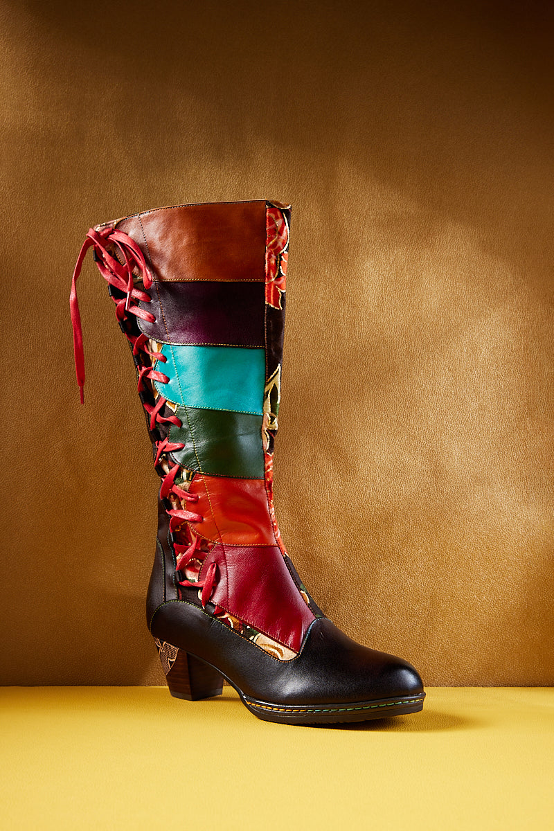 Vicconfy | Delora Floral Contrast Stripe Wide Calf Leather Knee High Boots