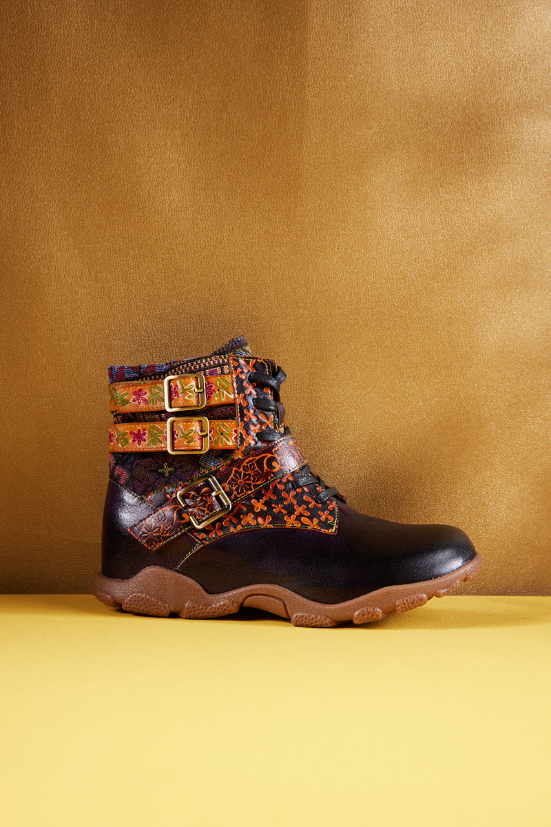 Vicconfy | Nichols Floral Embossed Leather Combat Boots