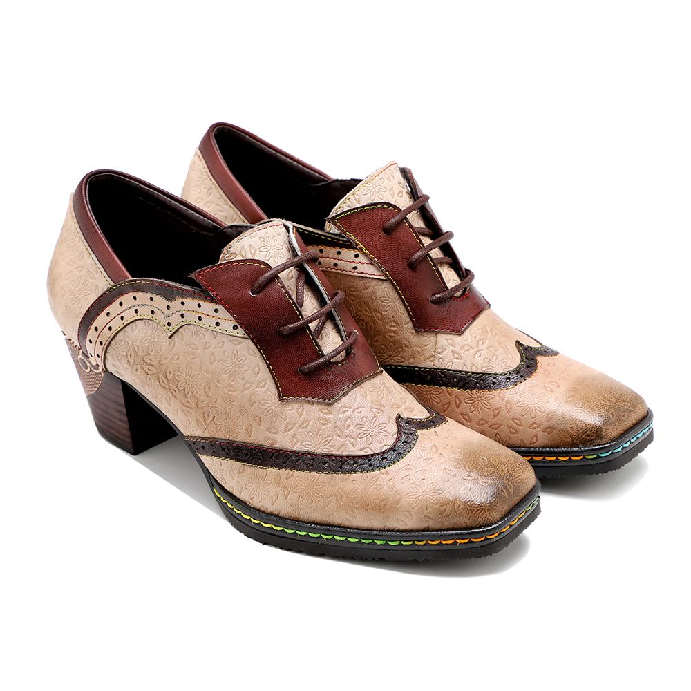 Vicconfy | BEIGE LEATHER ADELE BLOCK HEEL BROGUES OXFORD