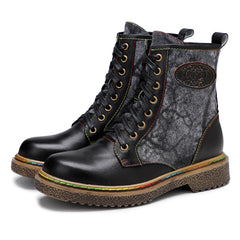 Vicconfy | Tie Dye-Contrast Genuine Leather Combat Boots